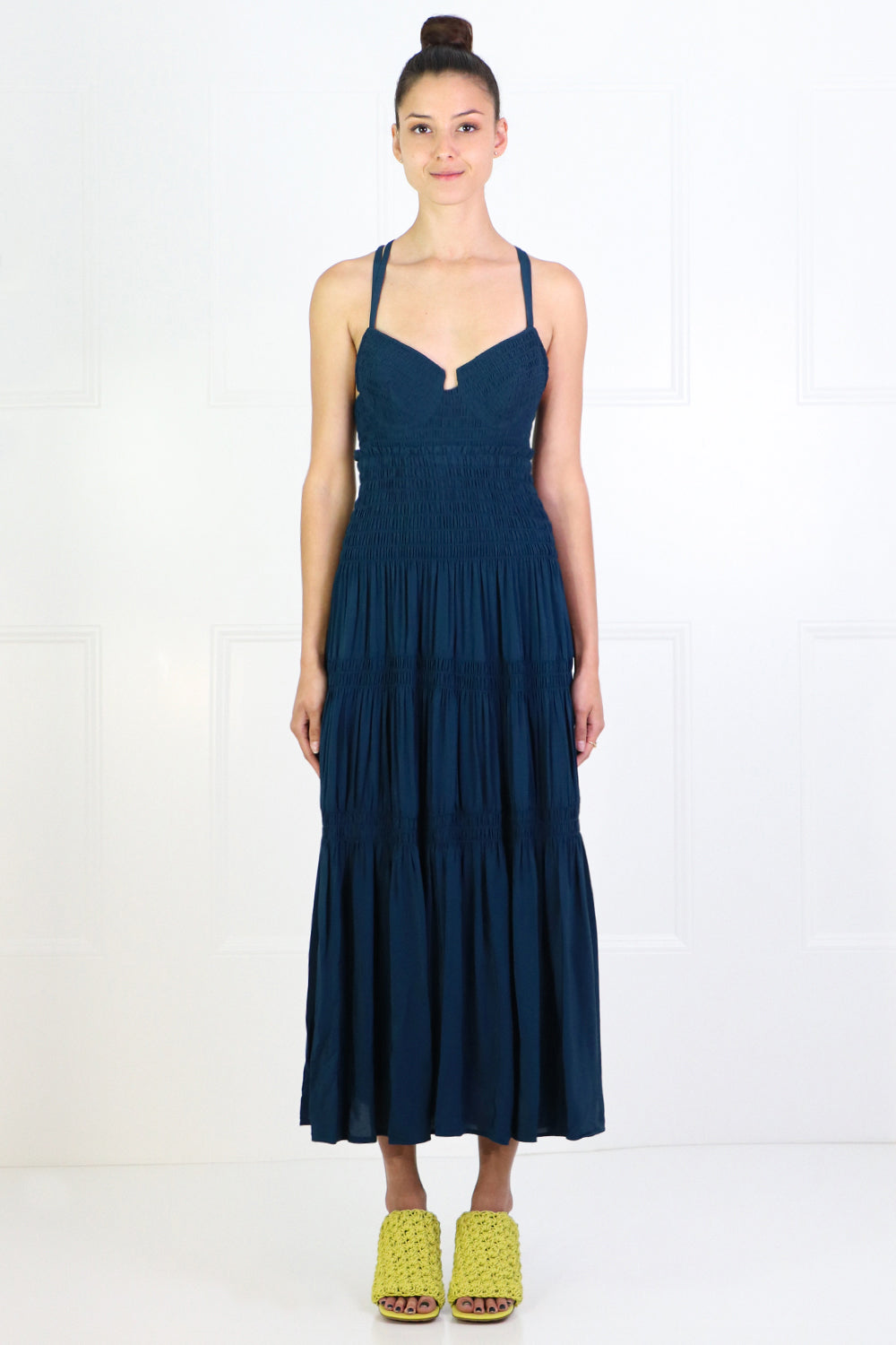 PROENZA SCHOULER RTW RUCHED BUSTIER SMOCKED DRESS S/LESS PETROL