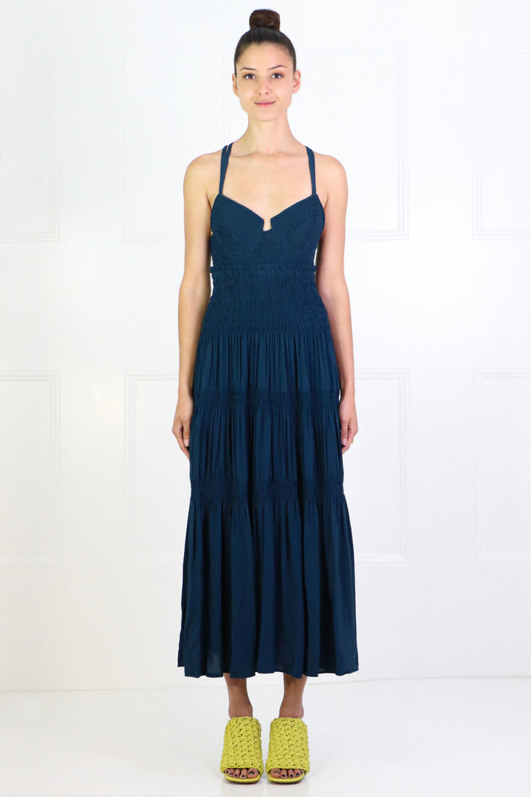 PROENZA SCHOULER RTW RUCHED BUSTIER SMOCKED DRESS S/LESS PETROL