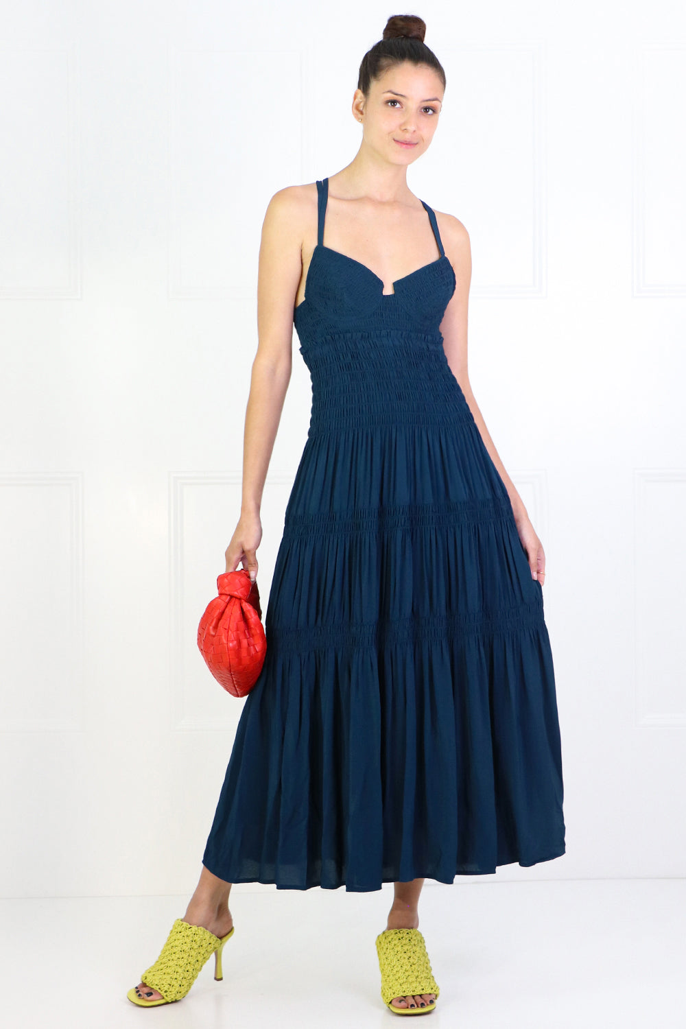 PROENZA SCHOULER RTW RUCHED BUSTIER SMOCKED DRESS S/LESS PETROL