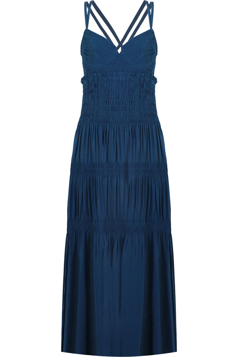PROENZA SCHOULER RTW RUCHED BUSTIER SMOCKED DRESS S/LESS PETROL