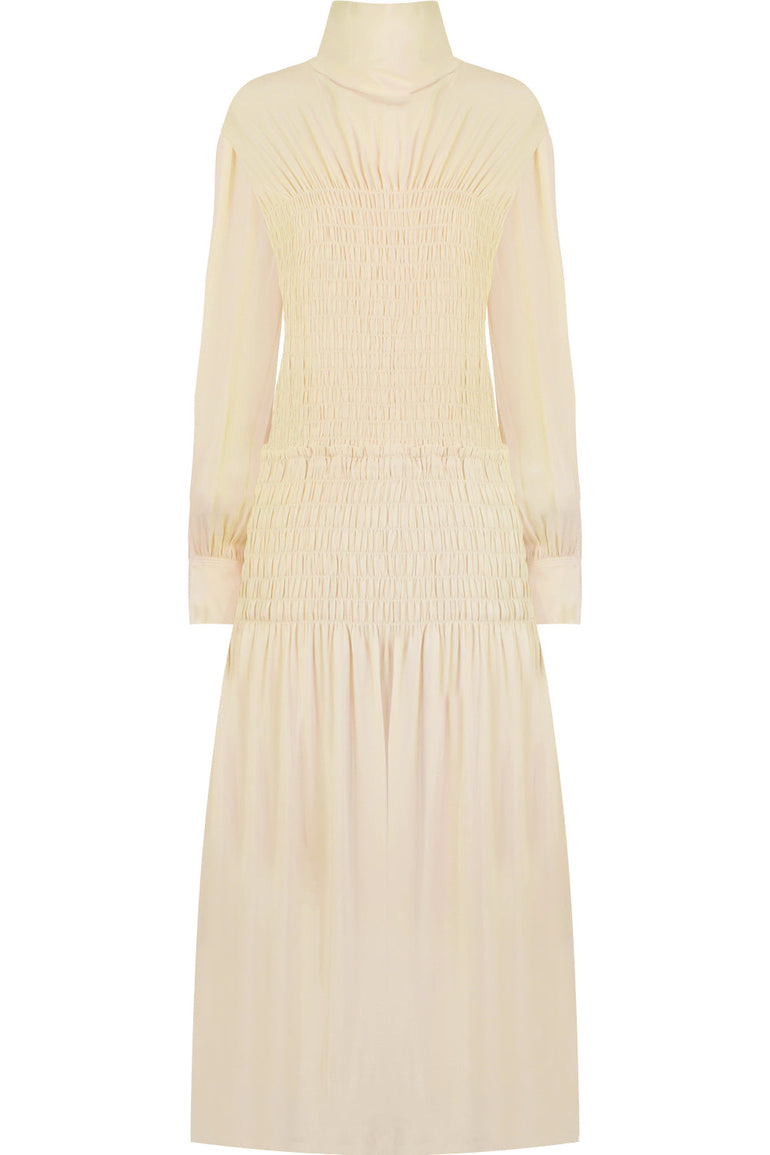PROENZA SCHOULER RTW RUCHED SMOCKED DRESS L/S ECRU