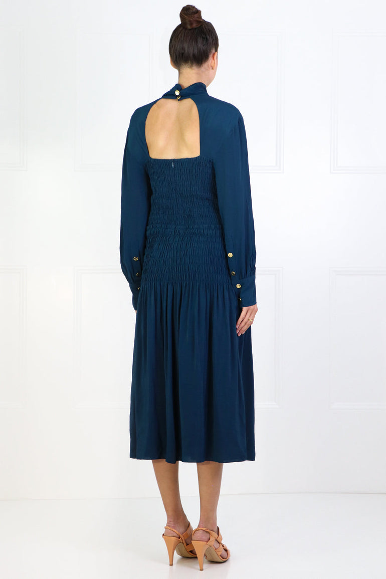 PROENZA SCHOULER RTW RUCHED SMOCKED DRESS L/S PETROL
