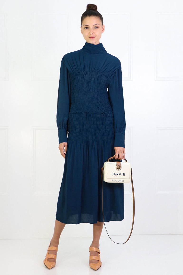 PROENZA SCHOULER RTW RUCHED SMOCKED DRESS L/S PETROL