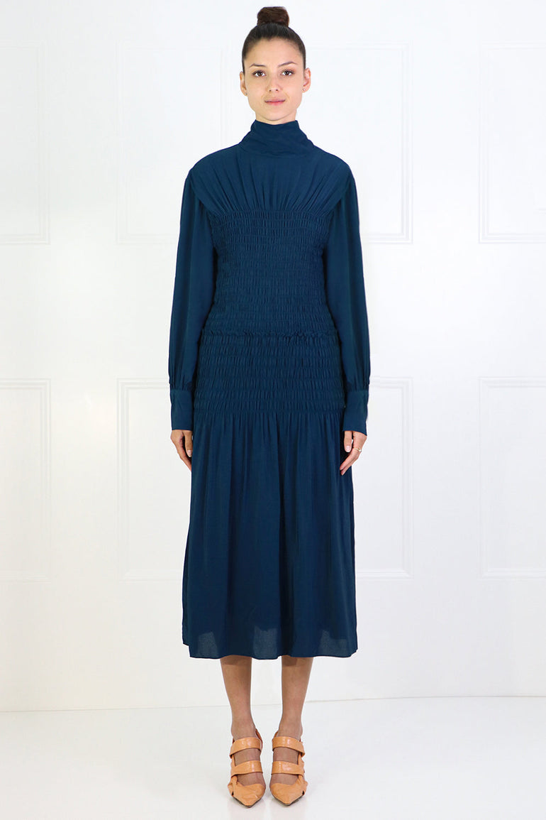PROENZA SCHOULER RTW RUCHED SMOCKED DRESS L/S PETROL