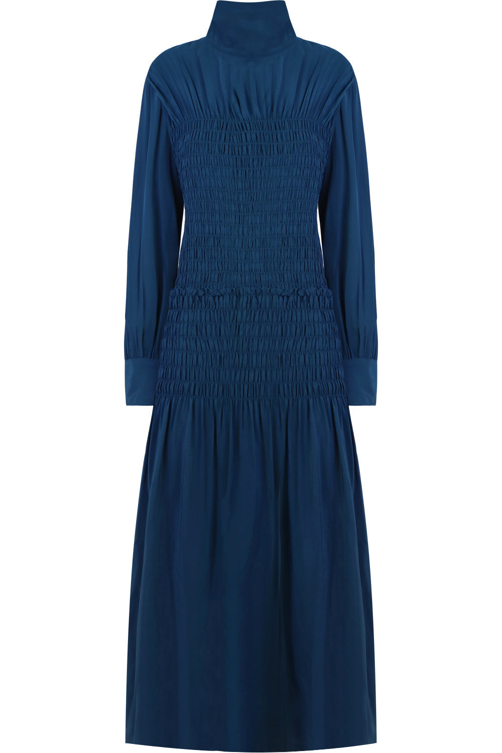 PROENZA SCHOULER RTW RUCHED SMOCKED DRESS L/S PETROL