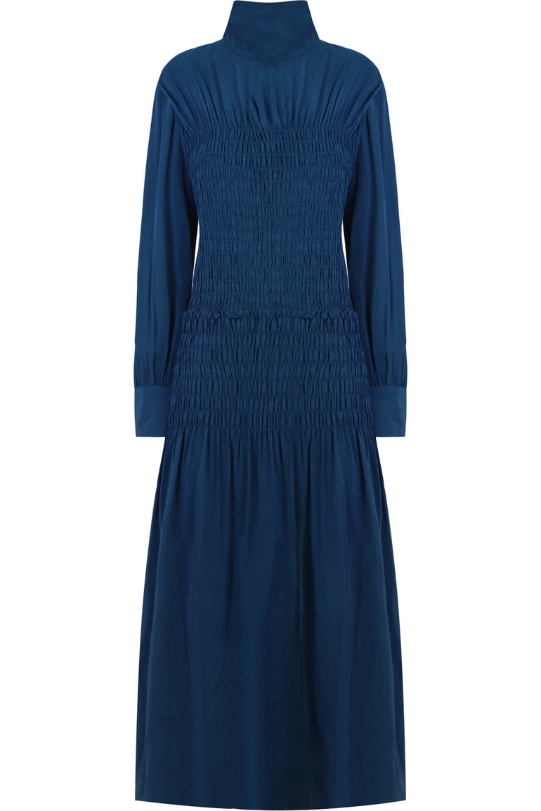 PROENZA SCHOULER RTW RUCHED SMOCKED DRESS L/S PETROL