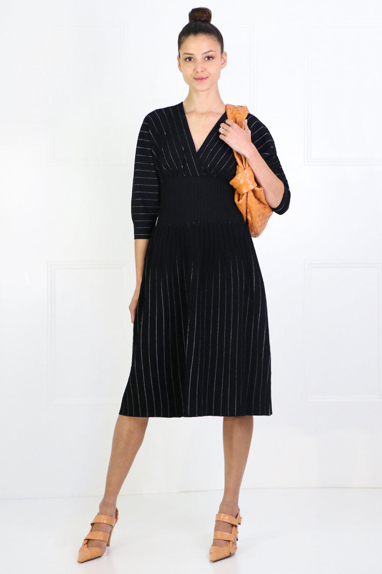 PROENZA SCHOULER RTW STRIPED KNIT MIDI DRESS 3/4SL BLACK/ECRU