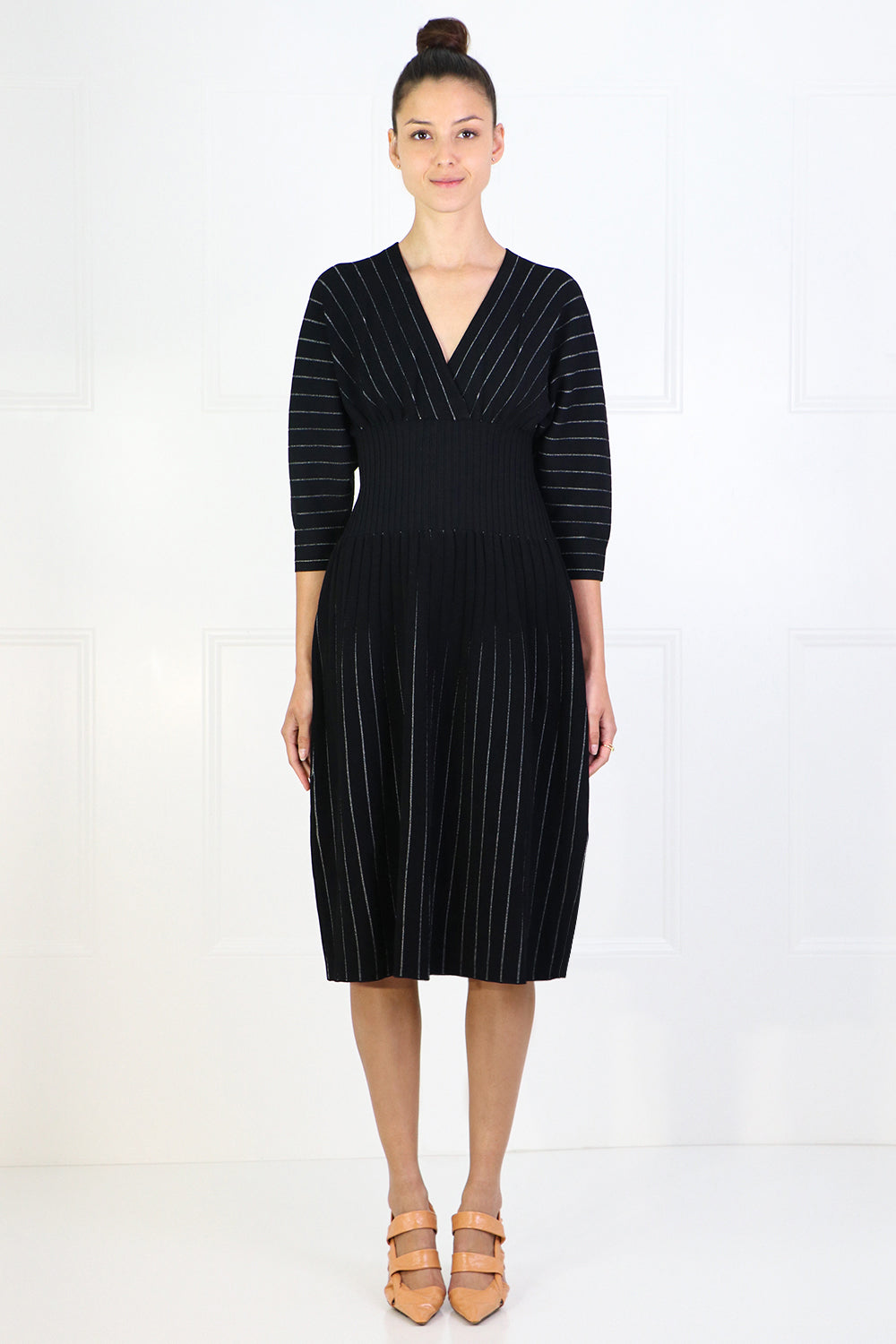 PROENZA SCHOULER RTW STRIPED KNIT MIDI DRESS 3/4SL BLACK/ECRU