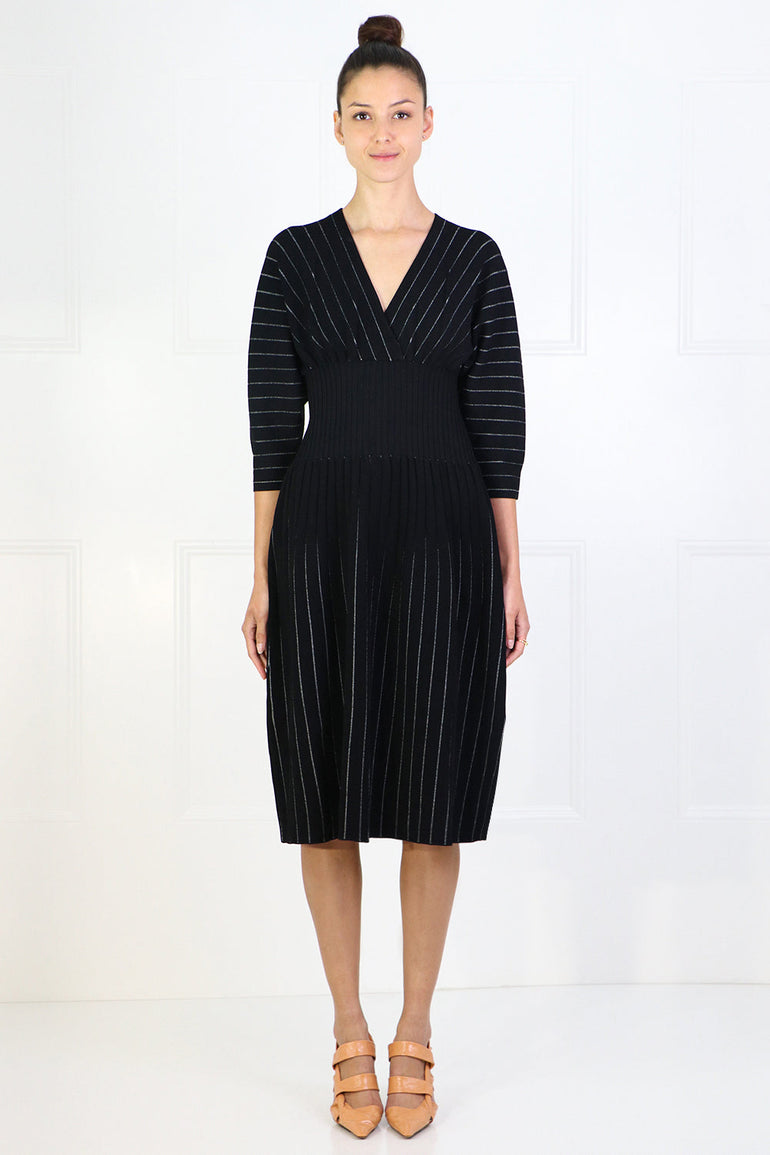 PROENZA SCHOULER RTW STRIPED KNIT MIDI DRESS 3/4SL BLACK/ECRU