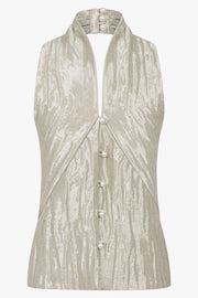 ROSIE ASSOULIN RTW Twisted Halter Top | Metallic Silver