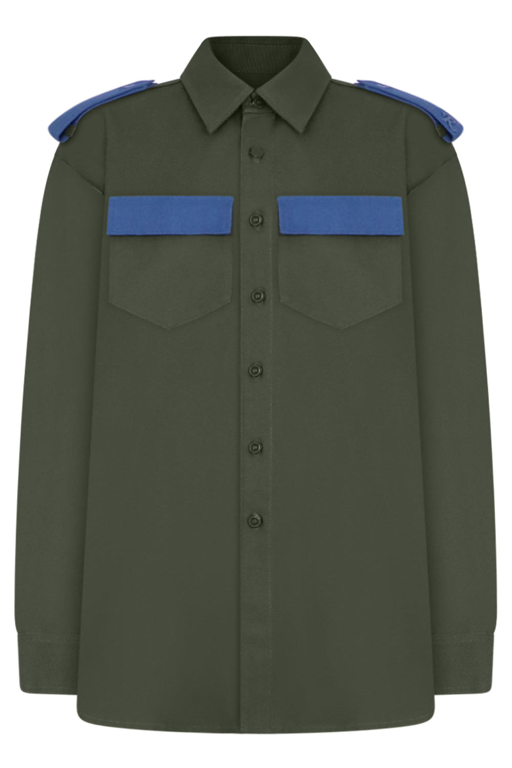 RAF SIMONS SHIRTS BICOLOUR DENIM UNIFORM SHIRT | KHAKI/BLUE