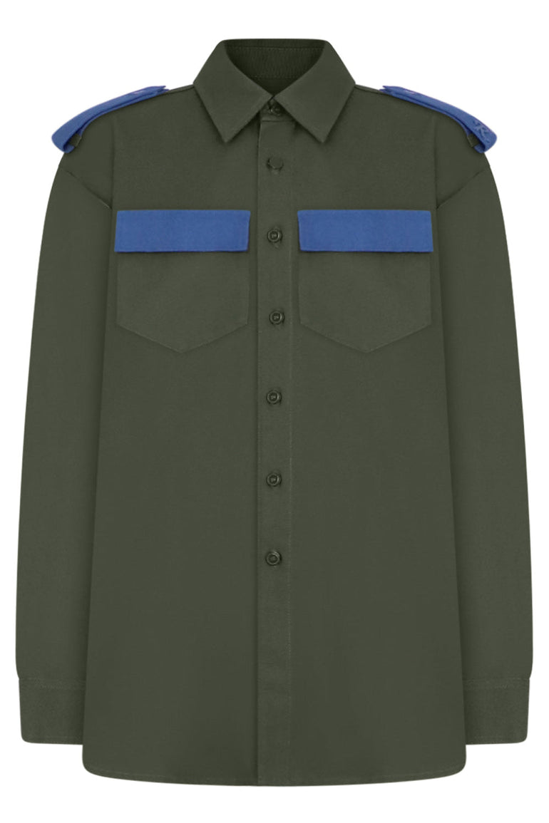 RAF SIMONS SHIRTS BICOLOUR DENIM UNIFORM SHIRT | KHAKI/BLUE