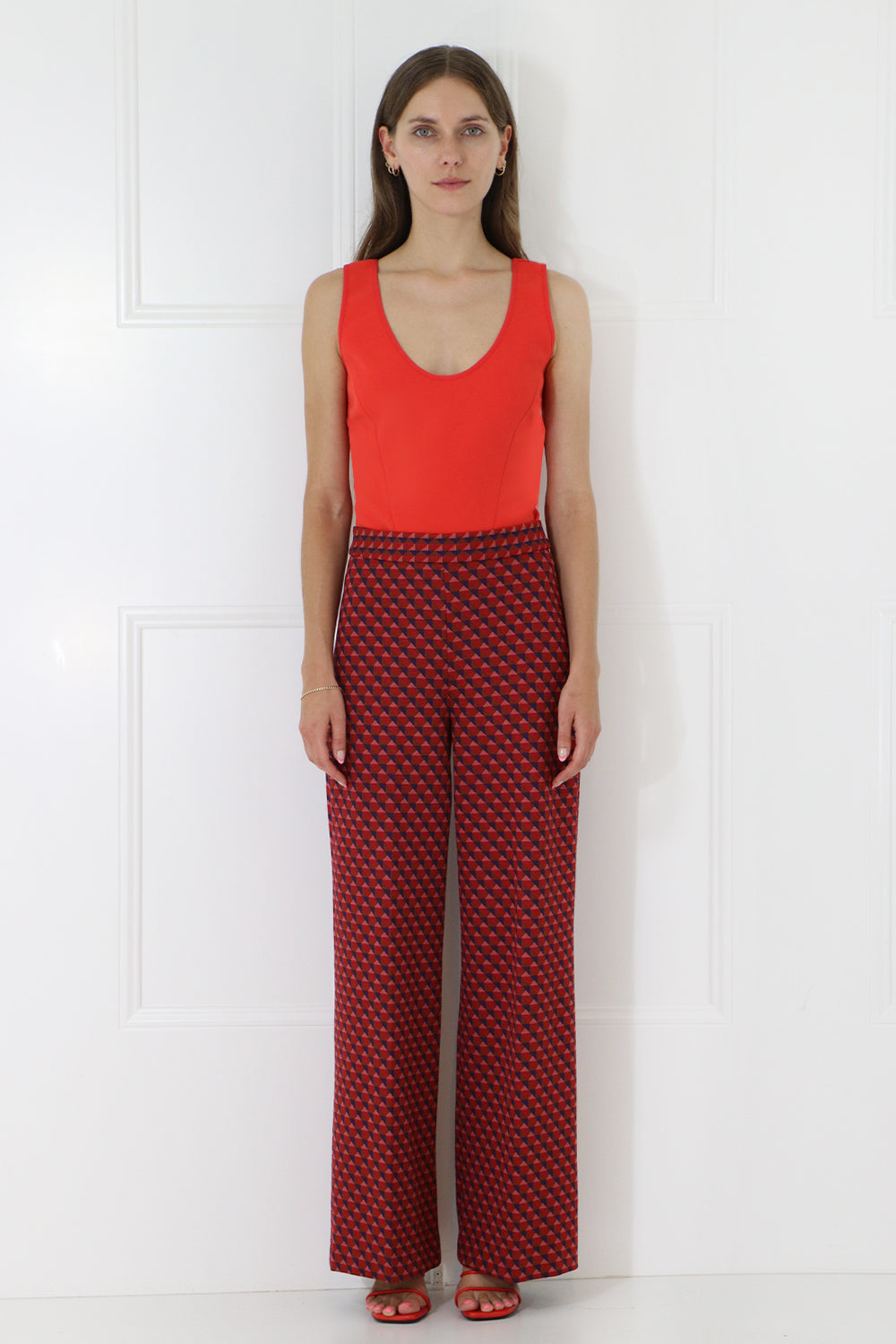 ROSETTA GETTY RTW GEOMETRIC CROPPED FLARE PANTS RED