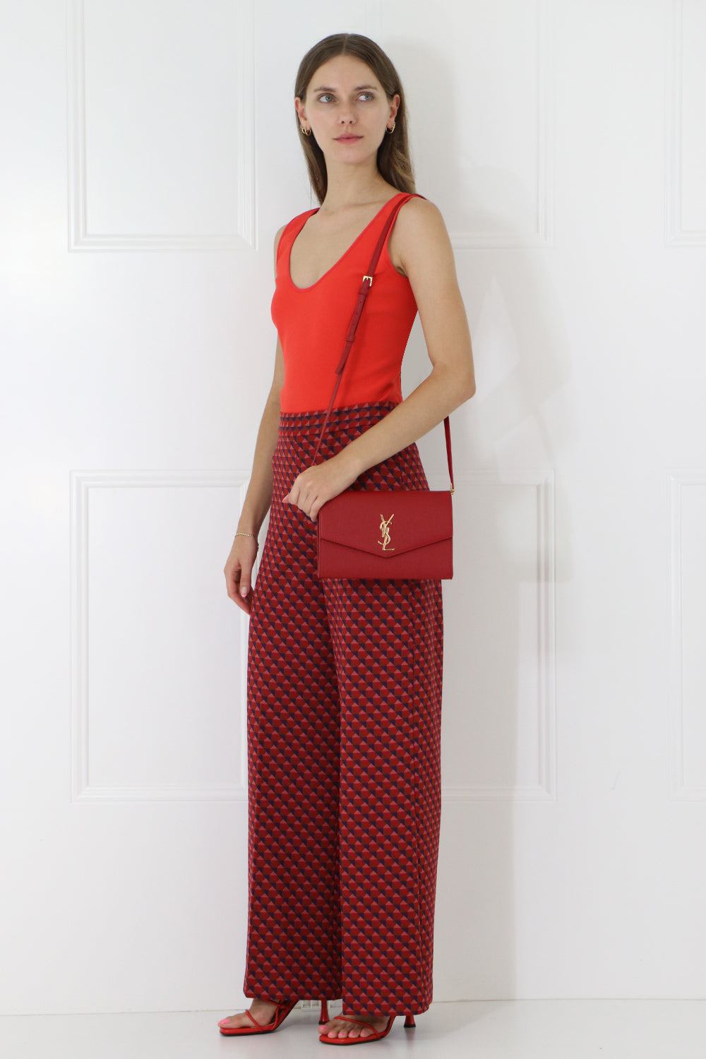 ROSETTA GETTY RTW GEOMETRIC CROPPED FLARE PANTS RED