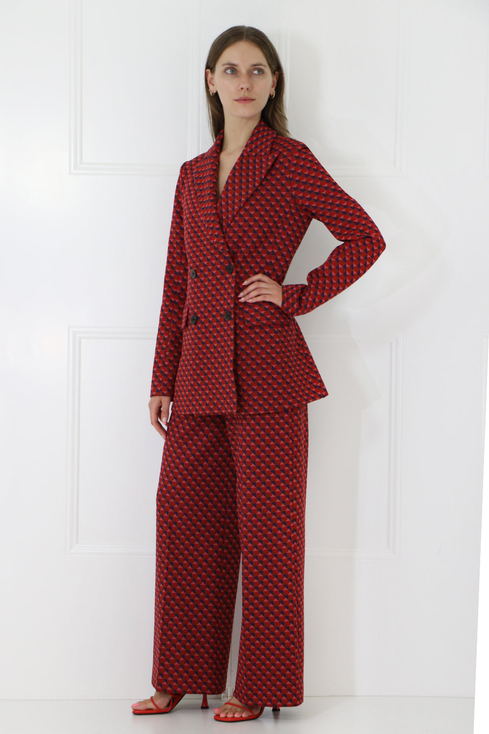 ROSETTA GETTY RTW GEOMETRIC DOUBLE BREASTED BLAZER RED