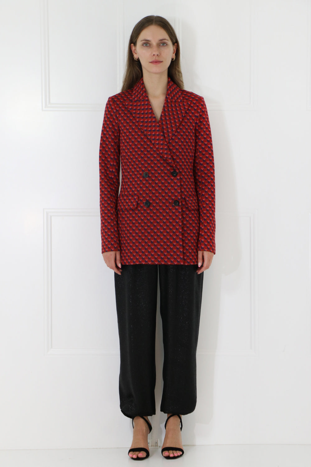 ROSETTA GETTY RTW GEOMETRIC DOUBLE BREASTED BLAZER RED
