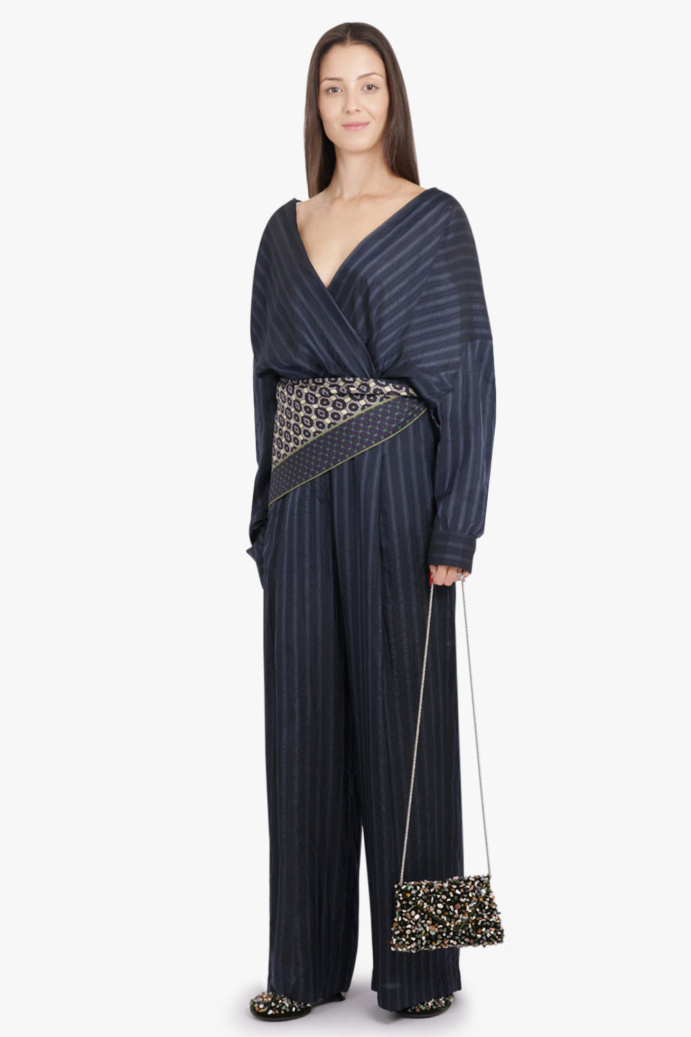 DRIES VAN NOTEN RTW Camiel Stripe L/S Wrap Blouse | Navy