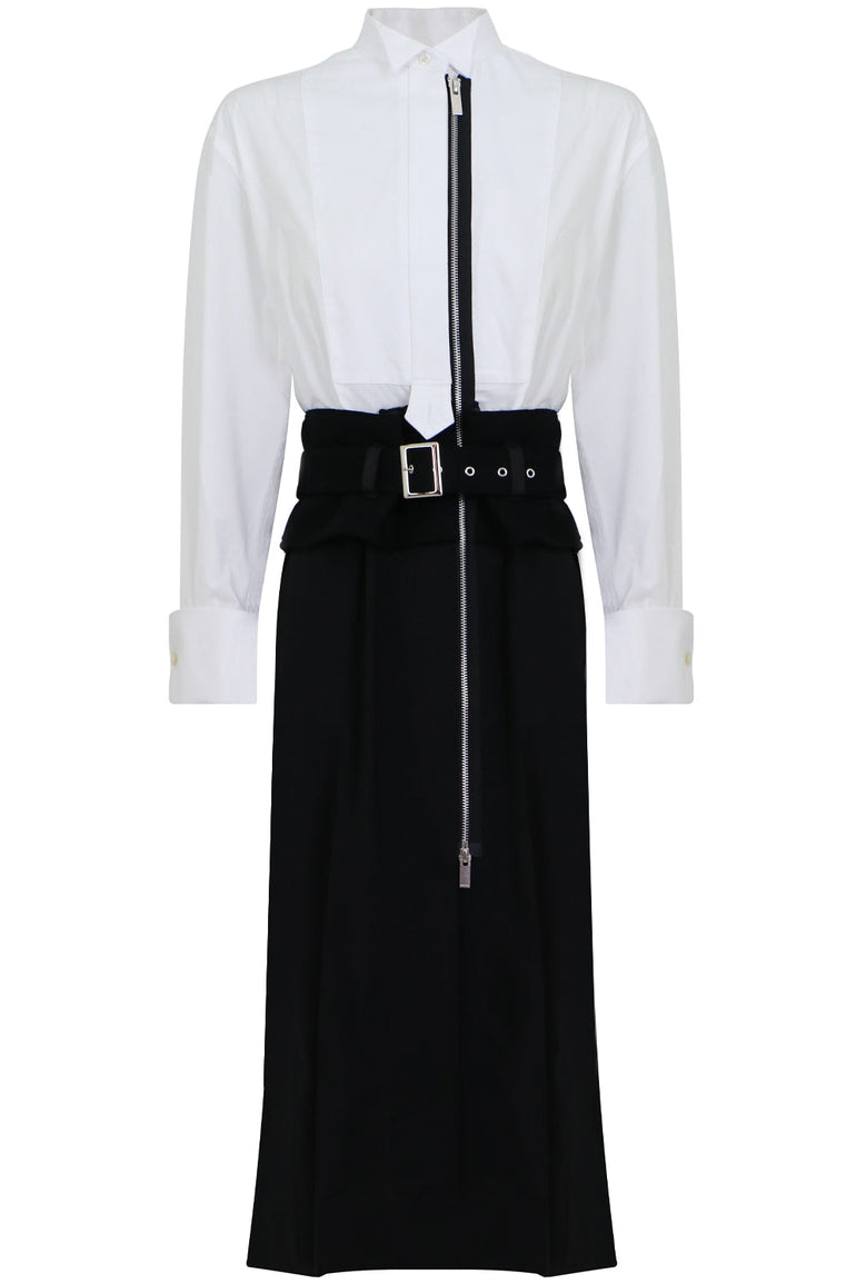 SACAI RTW CONTRAST BELTED DRESS WHITE/BLACK