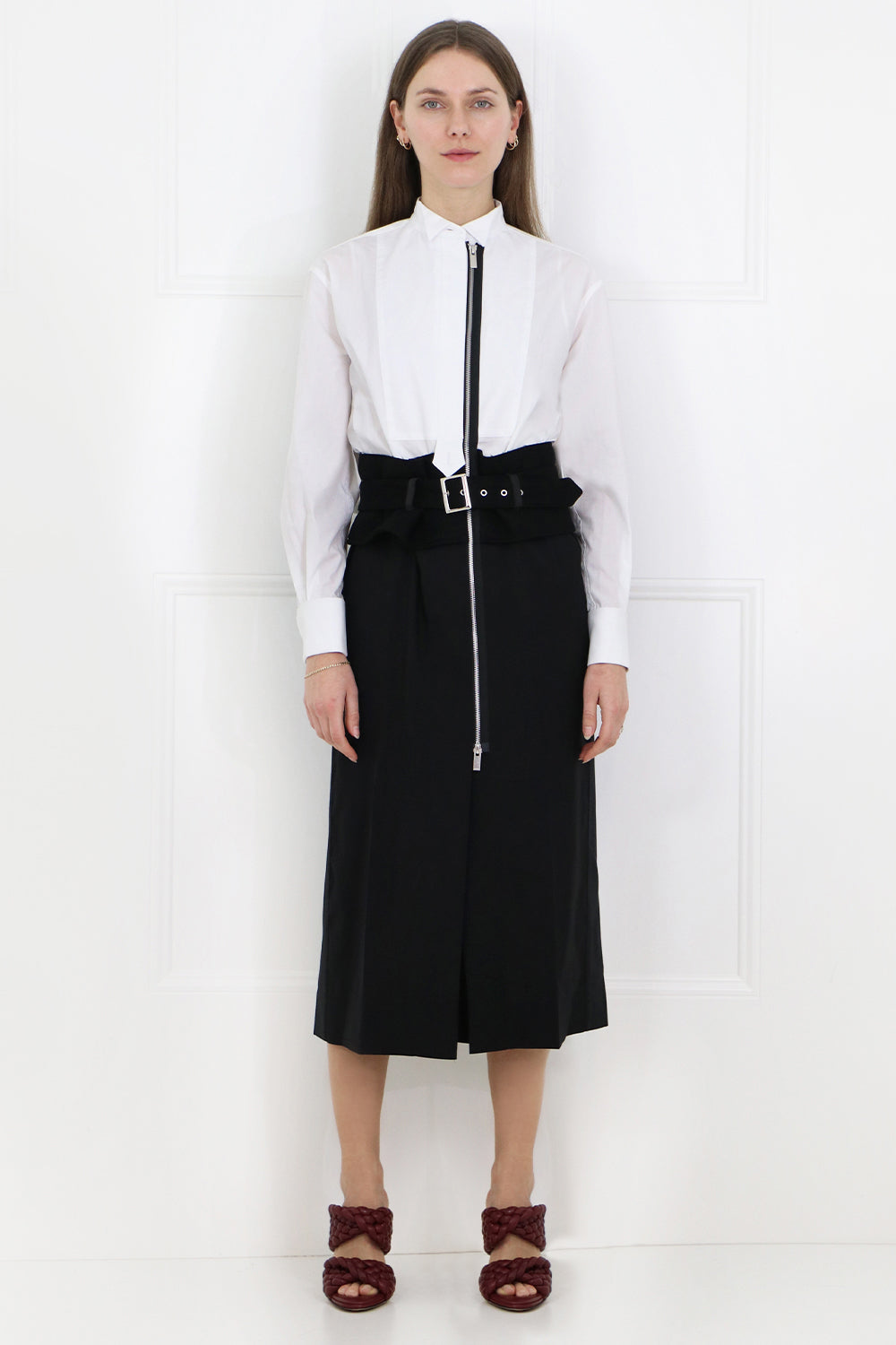 SACAI RTW CONTRAST BELTED DRESS WHITE/BLACK