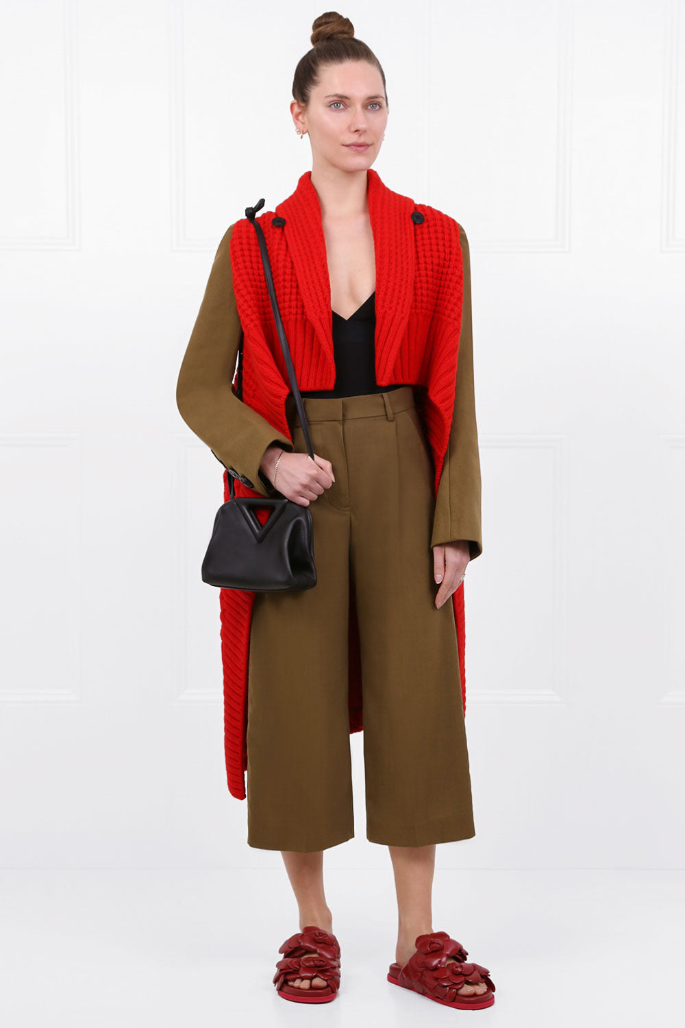 SACAI RTW CONTRAST KNIT COAT RED/CAMEL