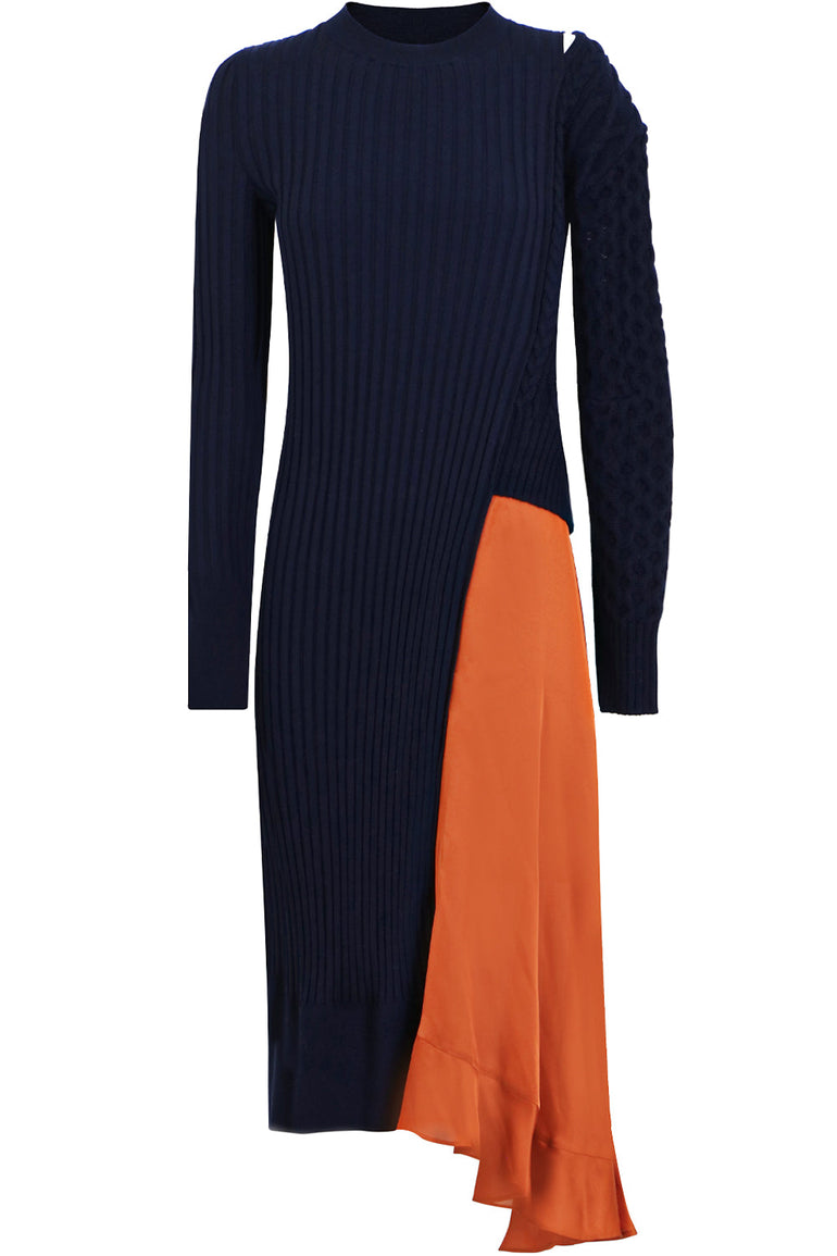 SACAI RTW CONTRAST KNIT DRESS WITH OPEN SHOULDER NAVY/ORANGE