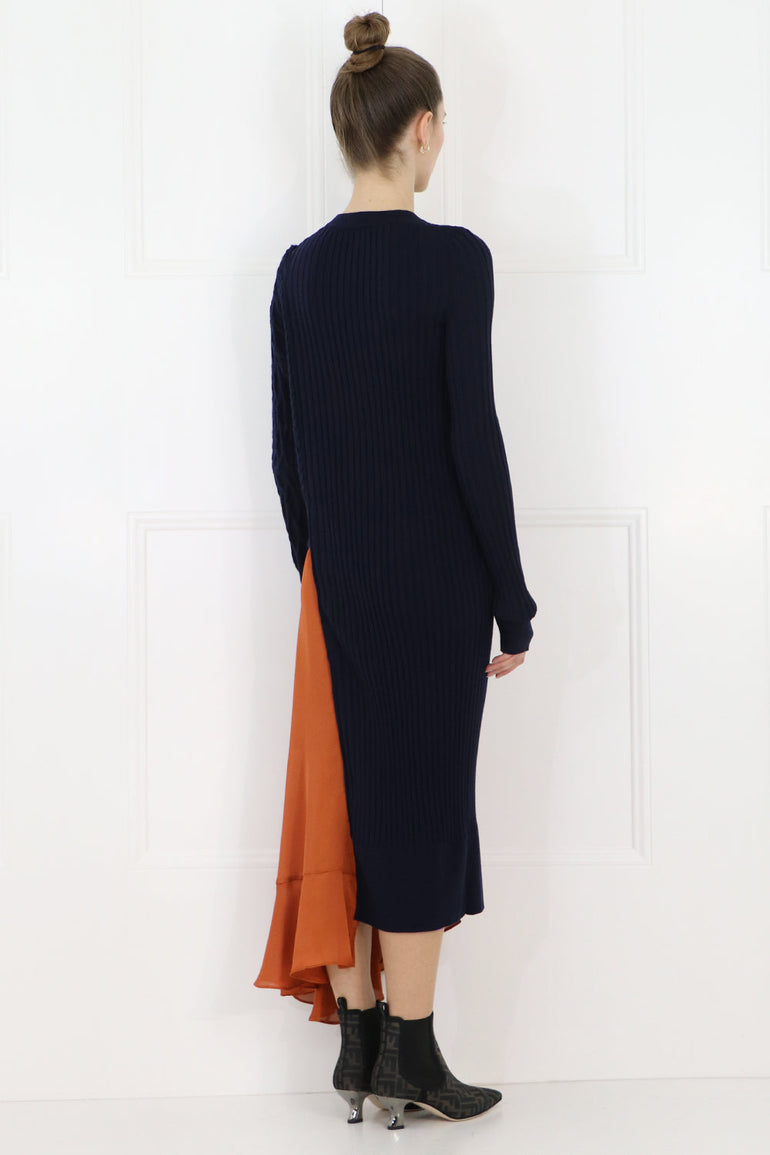 SACAI RTW CONTRAST KNIT DRESS WITH OPEN SHOULDER NAVY/ORANGE