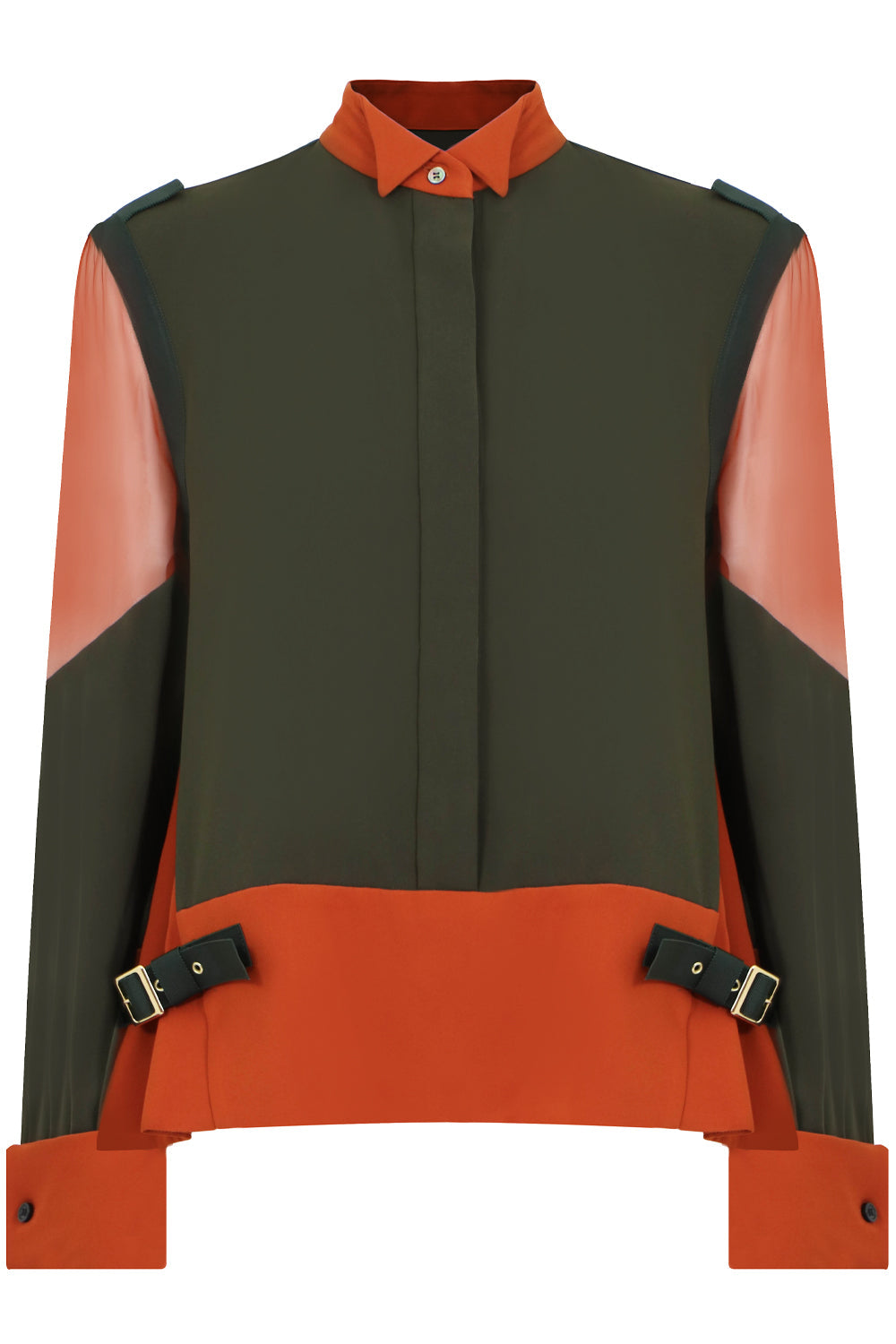 SACAI RTW CONTRAST PANEL BLOUSE KHAKI/ORANGE