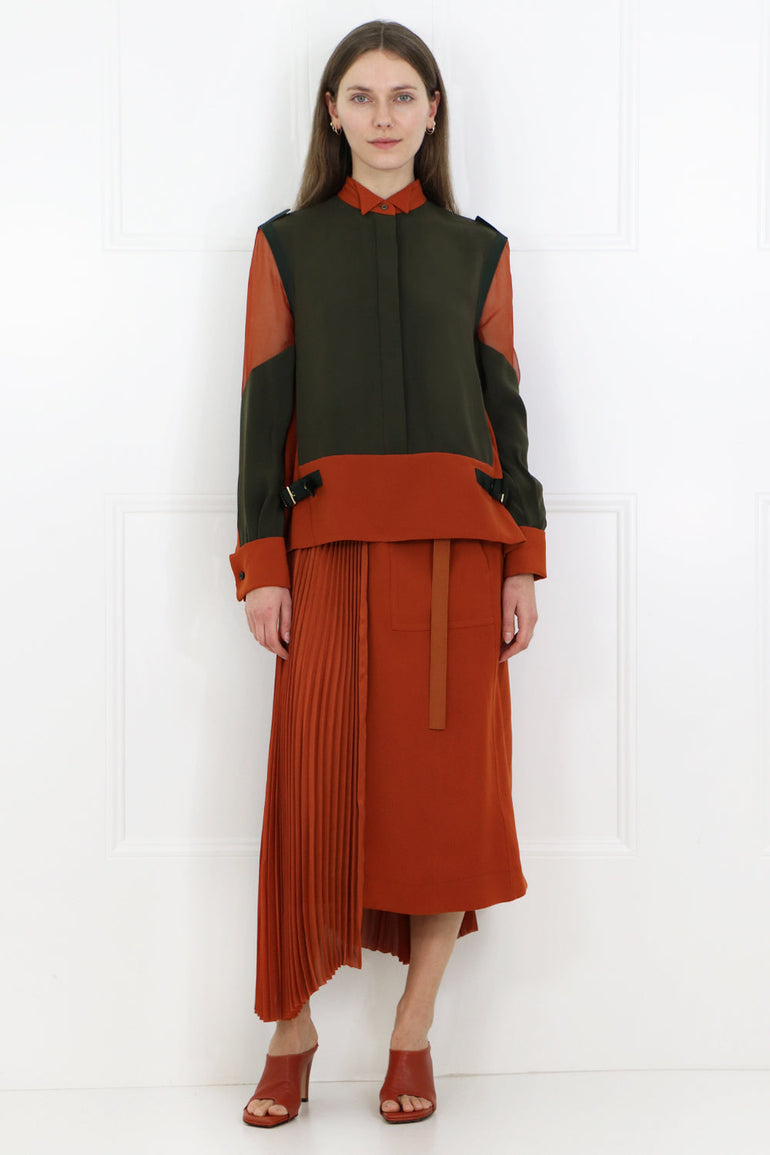 SACAI RTW CONTRAST PANEL BLOUSE KHAKI/ORANGE