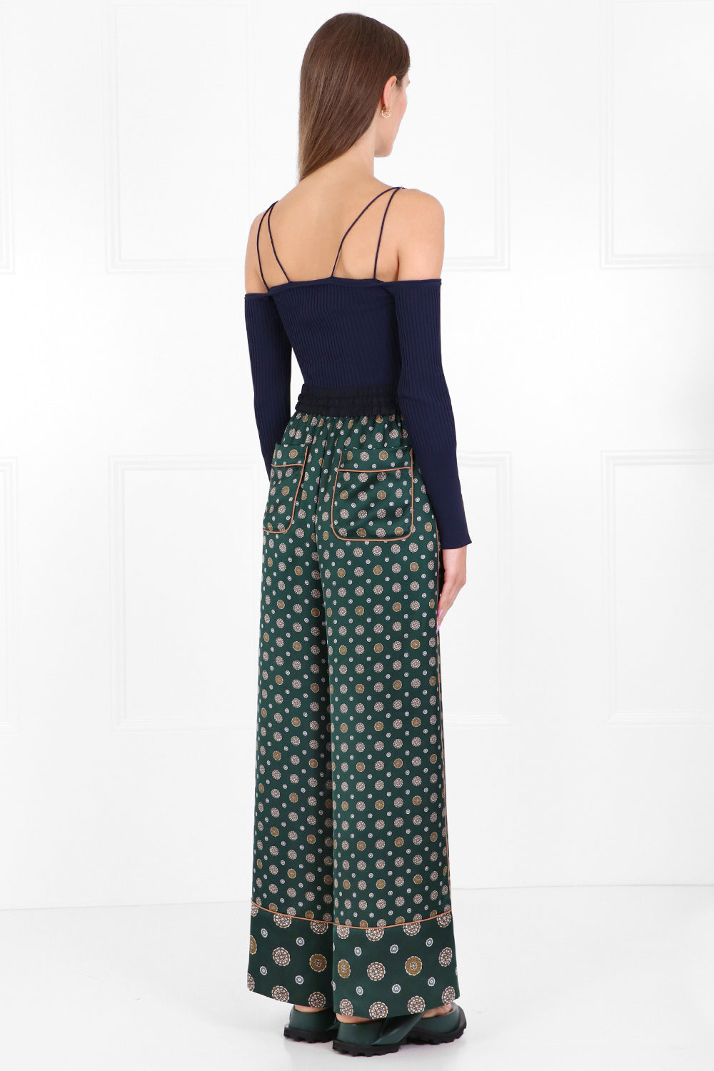 SACAI RTW KIMONO PRINT PALAZZO PANTS GREEN