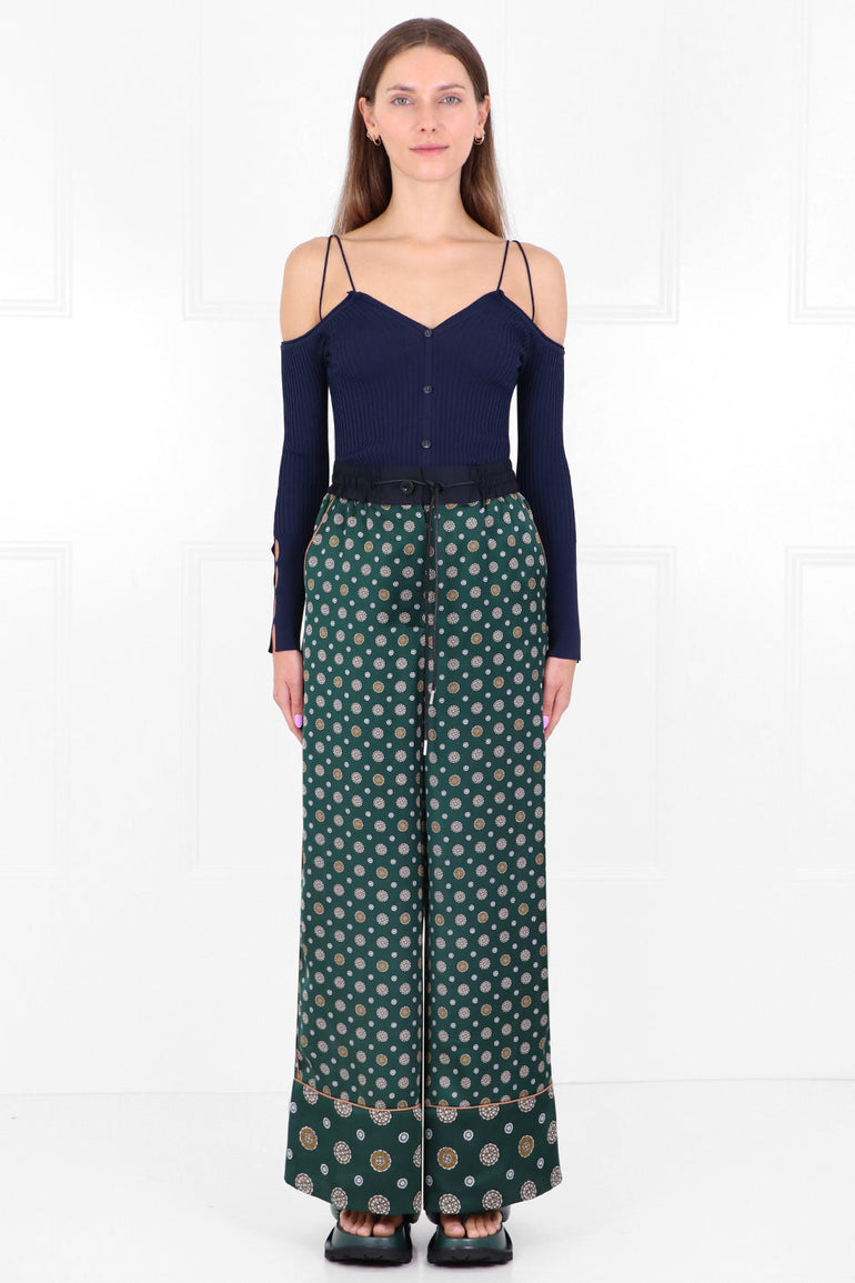 SACAI RTW KIMONO PRINT PALAZZO PANTS GREEN