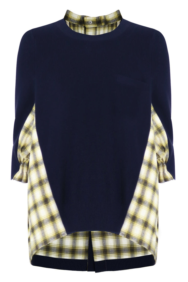 SACAI RTW OMBRE CHECK KNIT WITH BACK DETAIL 3/4SL NAVY/YELLOW