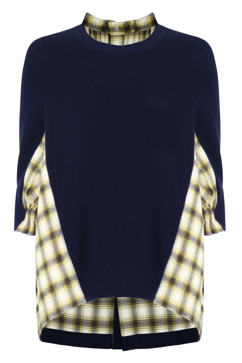 SACAI RTW OMBRE CHECK KNIT WITH BACK DETAIL 3/4SL NAVY/YELLOW