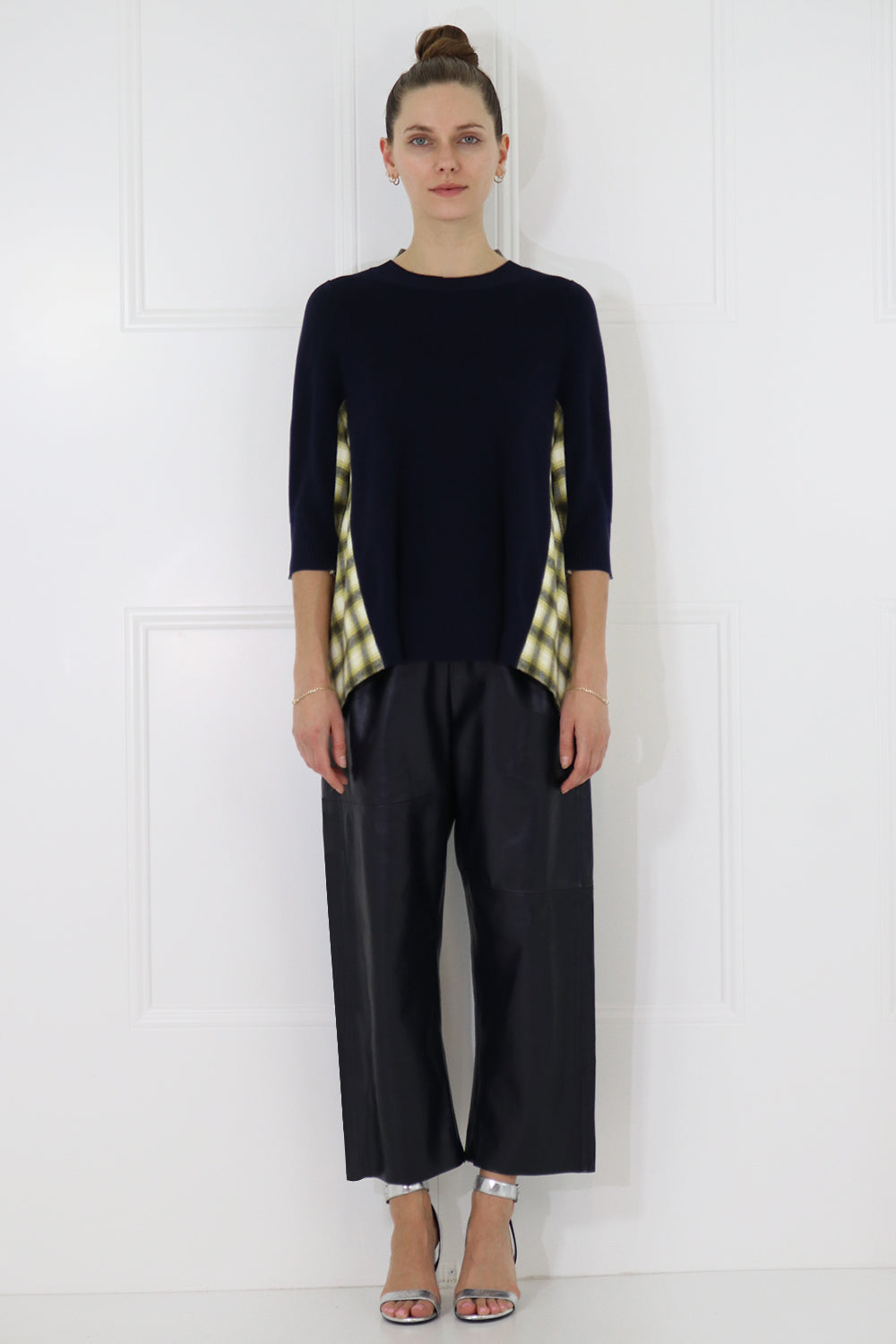 SACAI RTW OMBRE CHECK KNIT WITH BACK DETAIL 3/4SL NAVY/YELLOW