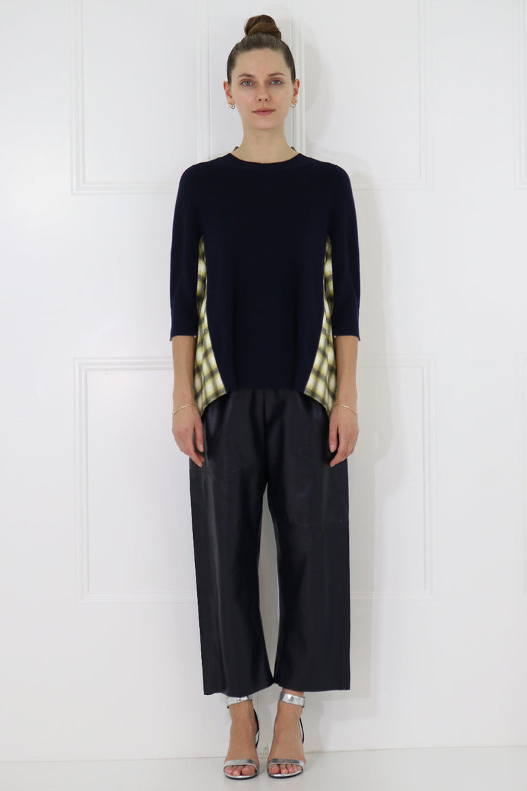 SACAI RTW OMBRE CHECK KNIT WITH BACK DETAIL 3/4SL NAVY/YELLOW