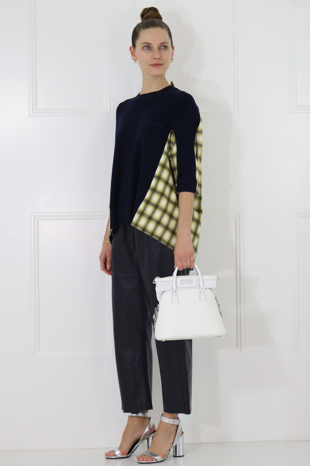 SACAI RTW OMBRE CHECK KNIT WITH BACK DETAIL 3/4SL NAVY/YELLOW