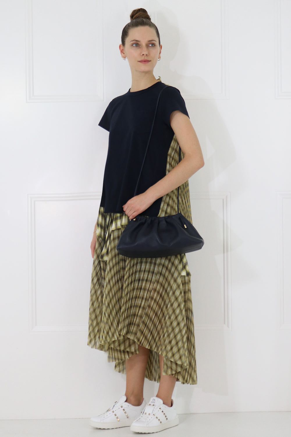 SACAI RTW OMBRE CHECK T-SHIRT WITH PLEATED BACK S/S NAVY/YELLOW