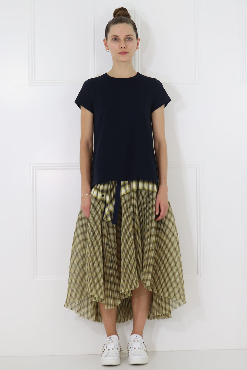 SACAI RTW OMBRE CHECK T-SHIRT WITH PLEATED BACK S/S NAVY/YELLOW