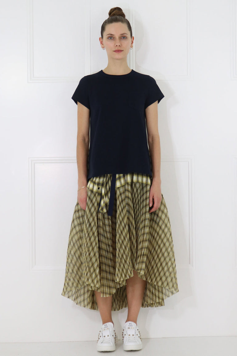 SACAI RTW OMBRE CHECK T-SHIRT WITH PLEATED BACK S/S NAVY/YELLOW