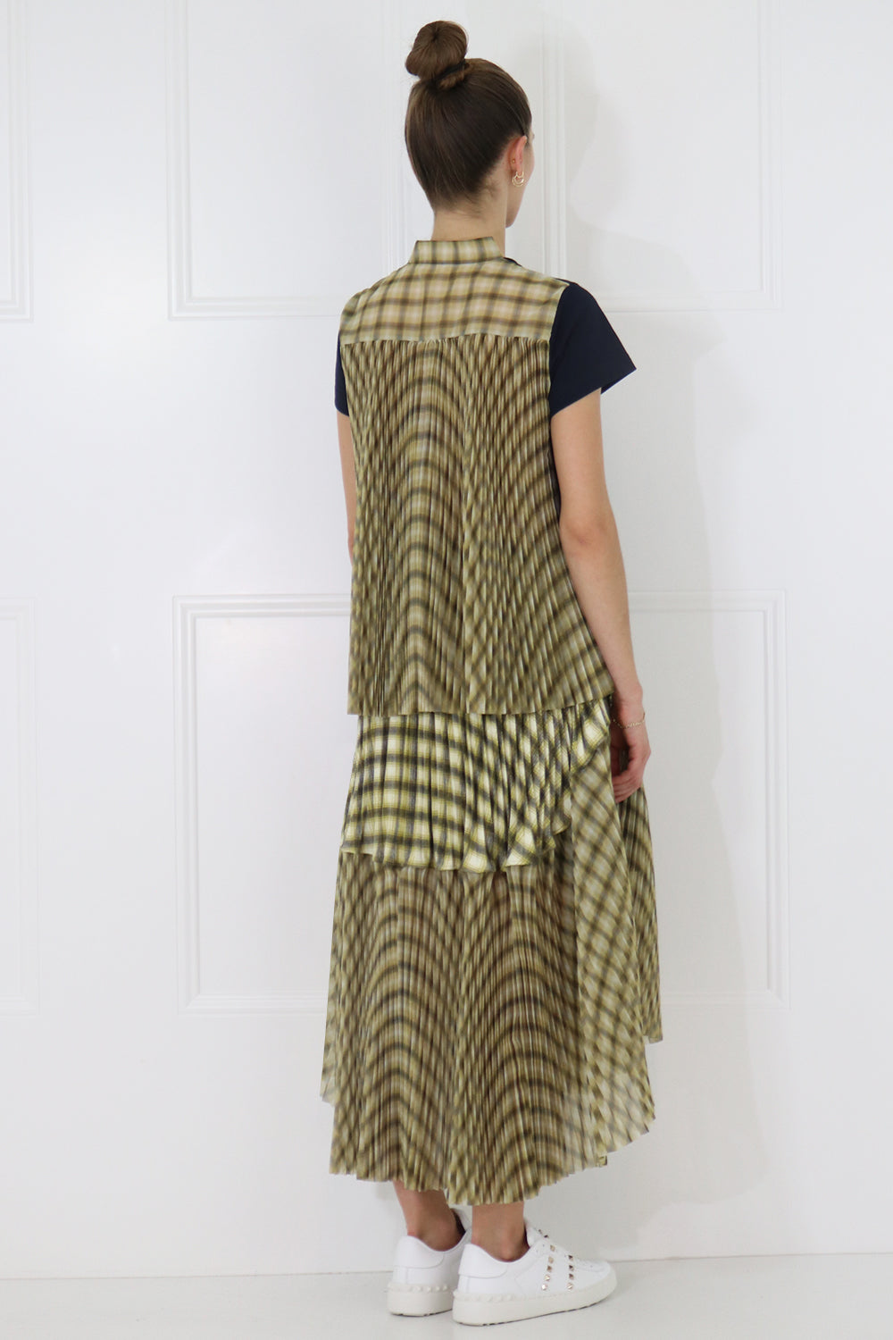 SACAI RTW OMBRE CHECK T-SHIRT WITH PLEATED BACK S/S NAVY/YELLOW