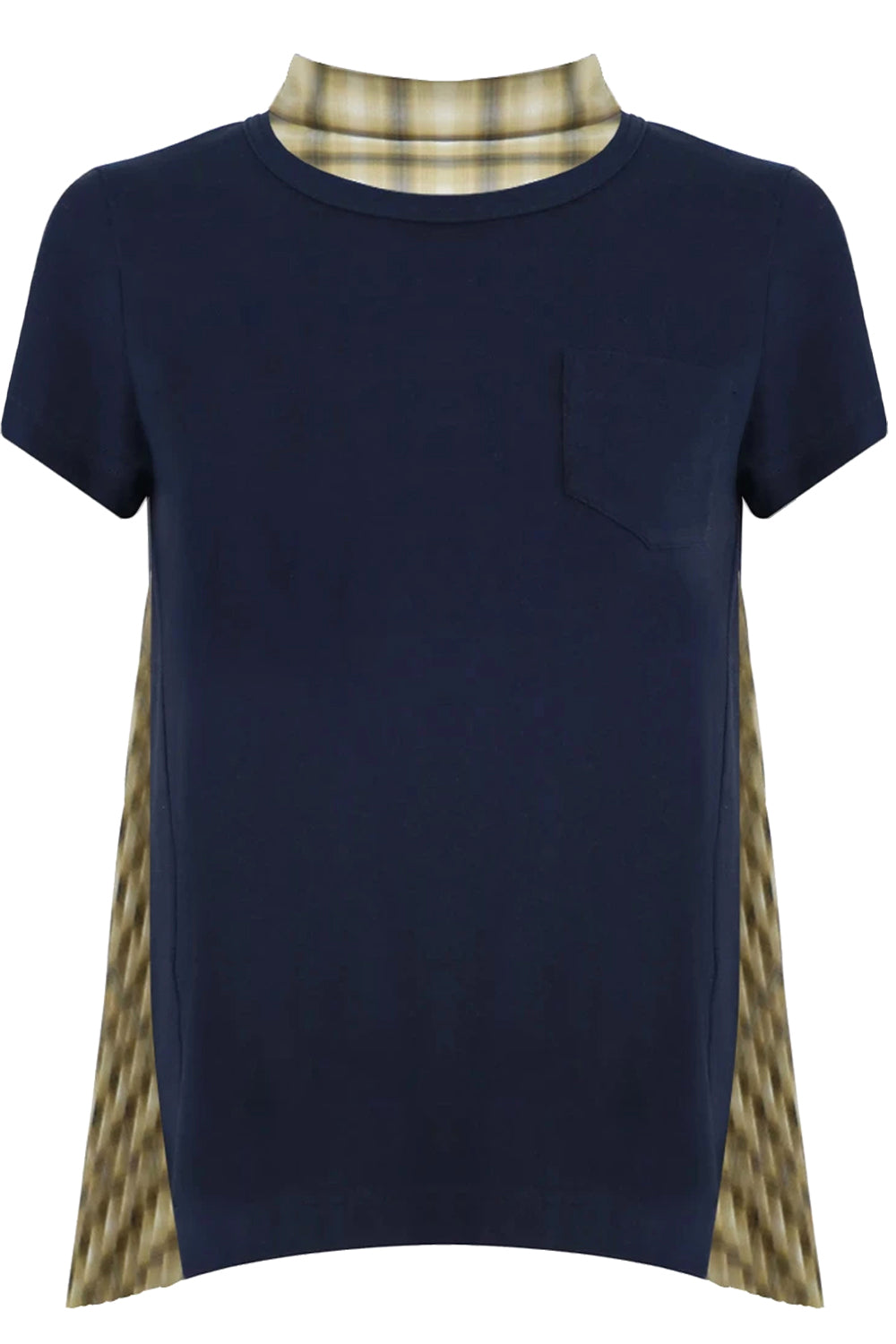 SACAI RTW OMBRE CHECK T-SHIRT WITH PLEATED BACK S/S NAVY/YELLOW