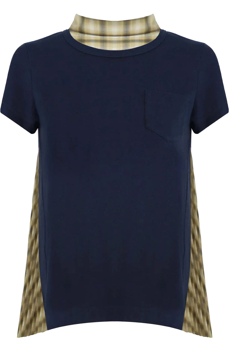 SACAI RTW OMBRE CHECK T-SHIRT WITH PLEATED BACK S/S NAVY/YELLOW