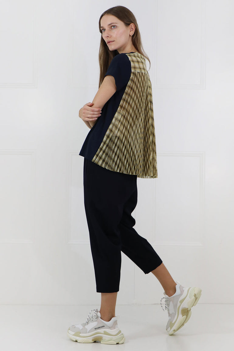 SACAI RTW OMBRE CHECK T-SHIRT WITH PLEATED BACK S/S NAVY/YELLOW