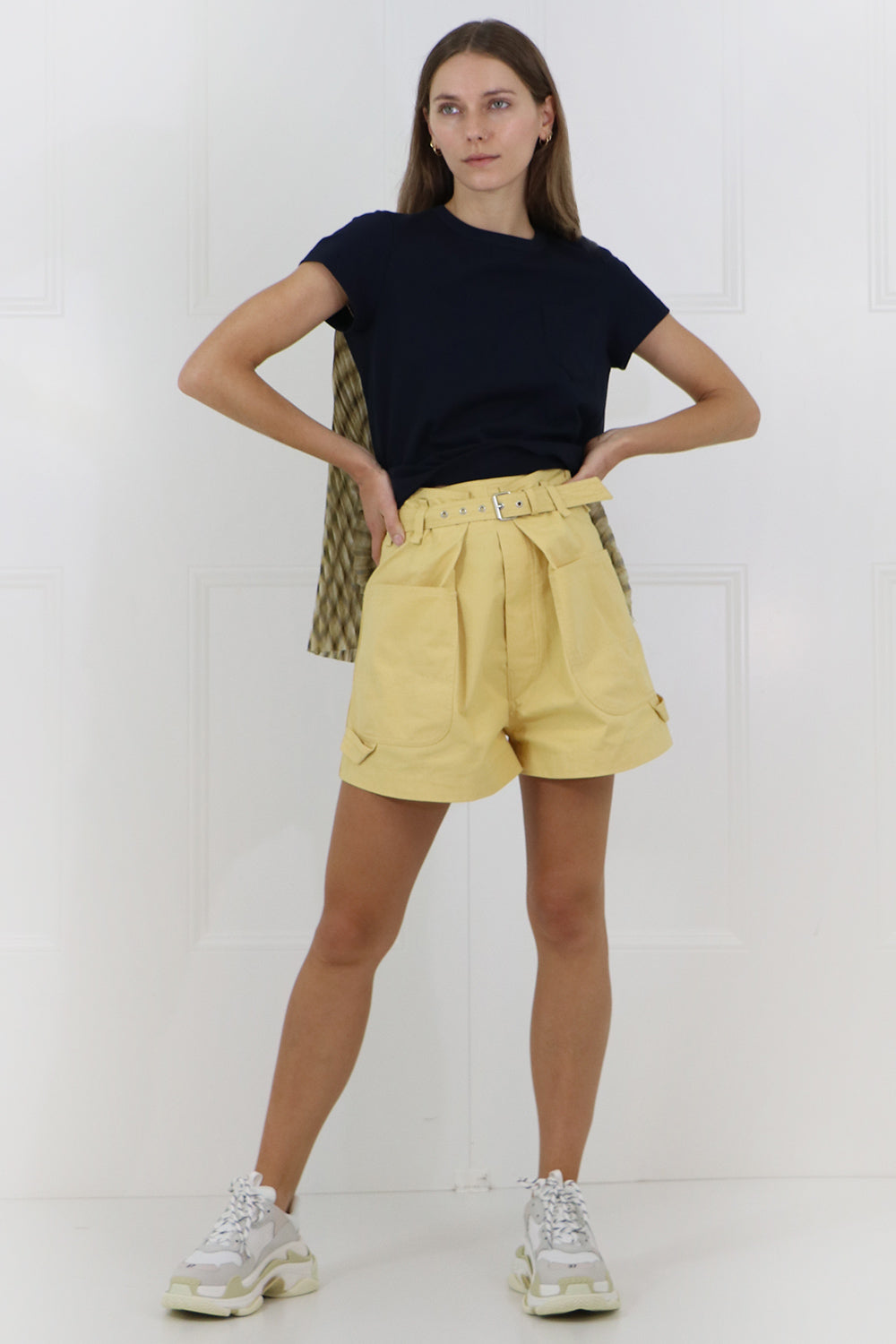 SACAI RTW OMBRE CHECK T-SHIRT WITH PLEATED BACK S/S NAVY/YELLOW