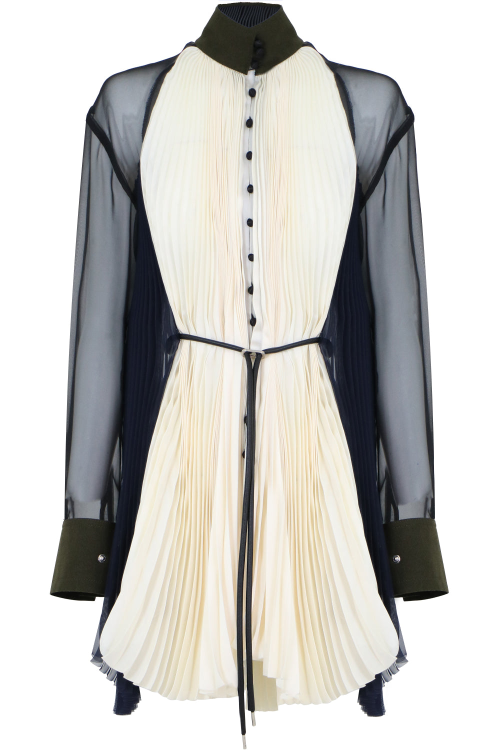 SACAI RTW PLEATED BLOUSE WITH SHEER SLEEVE ECRU/NAVY