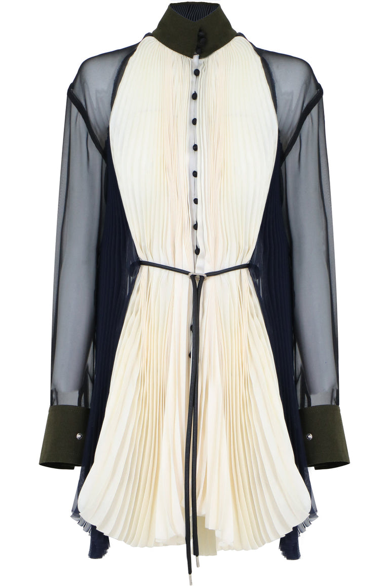 SACAI RTW PLEATED BLOUSE WITH SHEER SLEEVE ECRU/NAVY