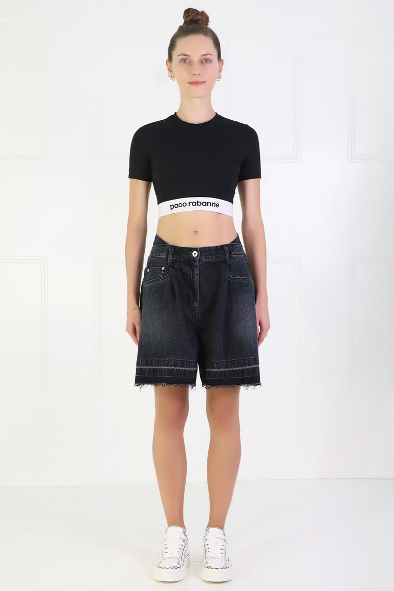 SACAI RTW PLEATED DENIM SHORTS BLACK