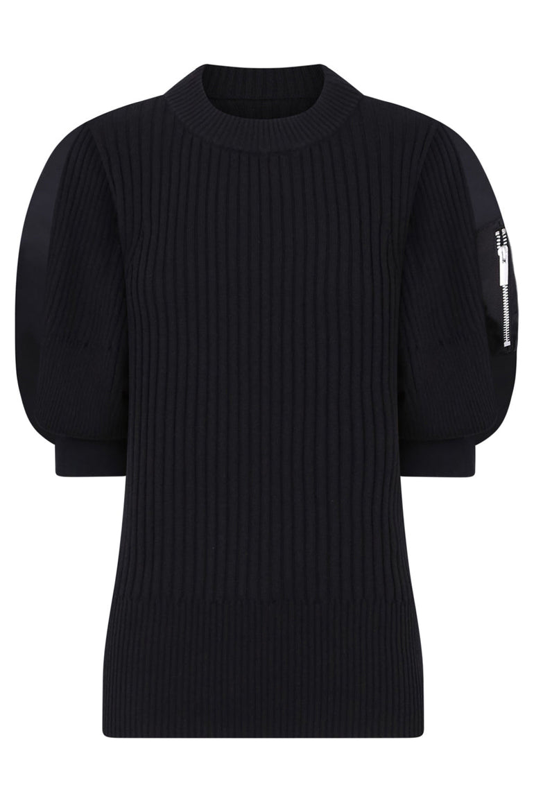 SACAI RTW S/S KNIT PULLOVER ZIP DETAIL SLEEVE BLACK