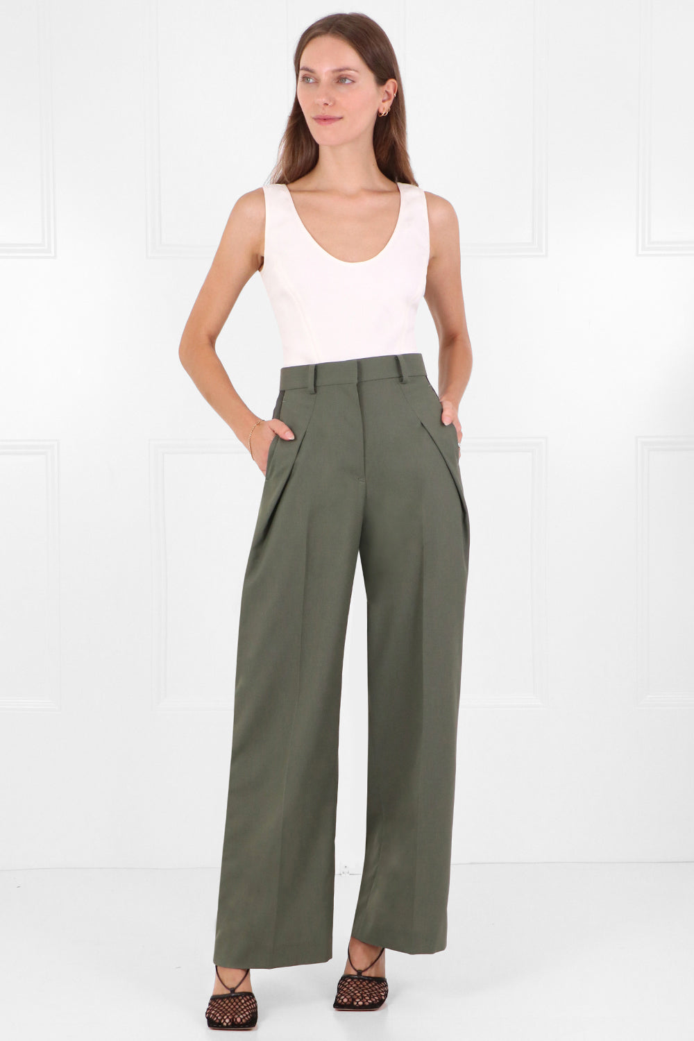 SACAI RTW SATIN PANEL TROUSERS KHAKI