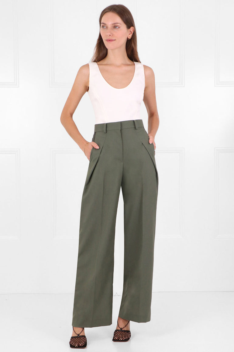 SACAI RTW SATIN PANEL TROUSERS KHAKI