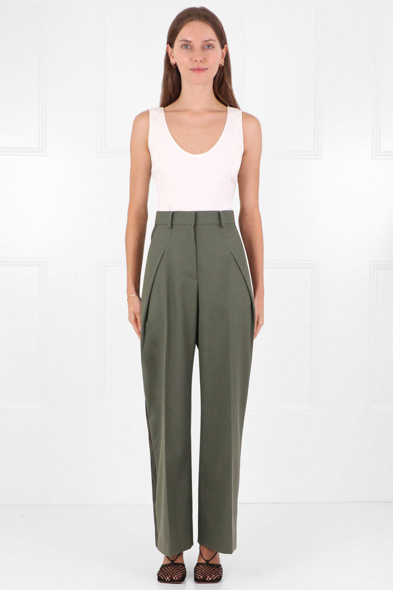 SACAI RTW SATIN PANEL TROUSERS KHAKI